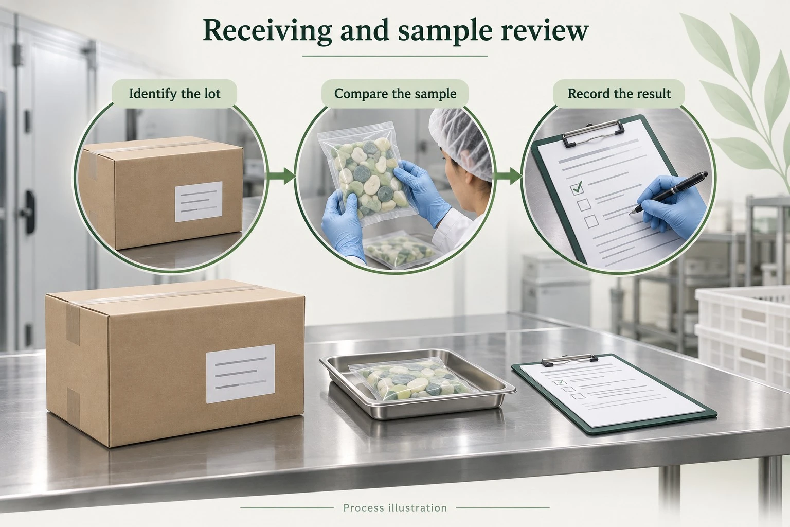 Illustrated receiving, sample comparison and lot record review Illustrated receiving, sample comparison and lot record review