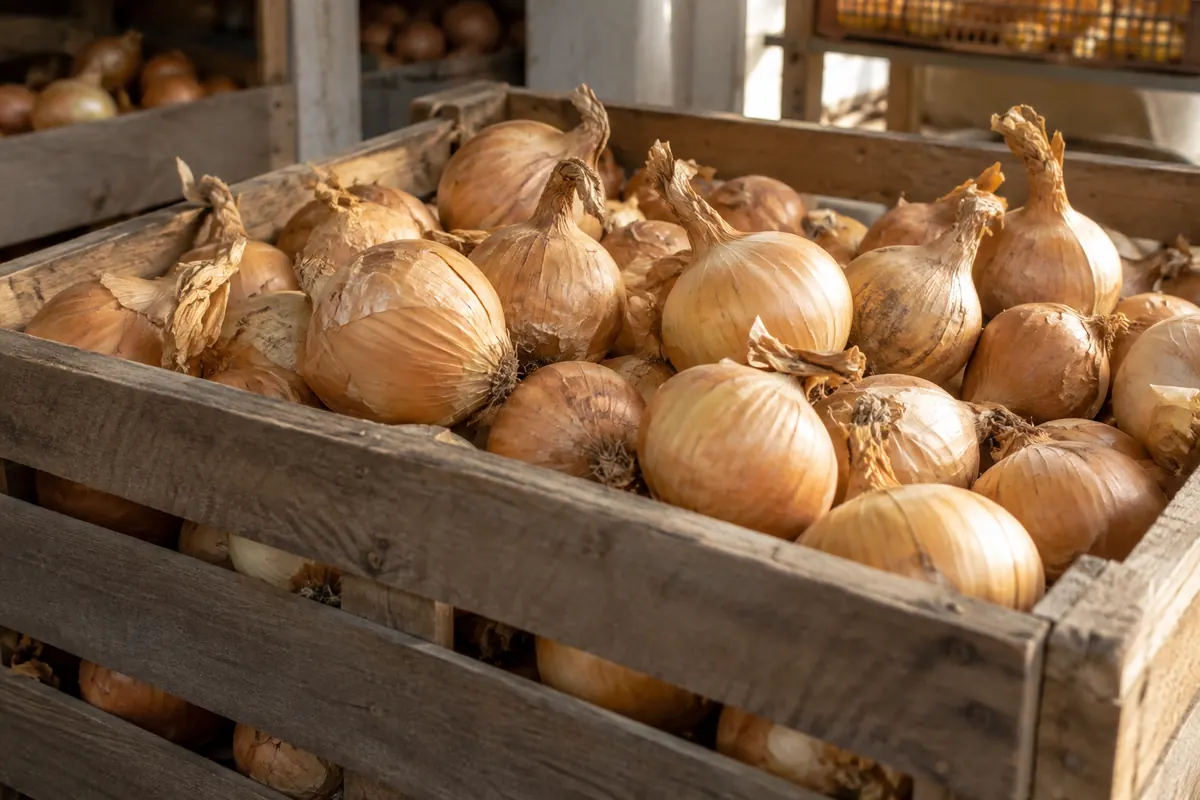 Cured onions in a dry ventilated wooden crate