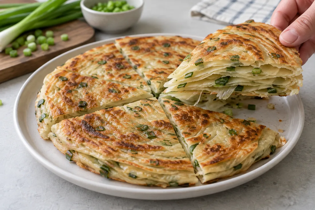 Cooked layered scallion pancakes with visible green onion and a lifted flaky wedge