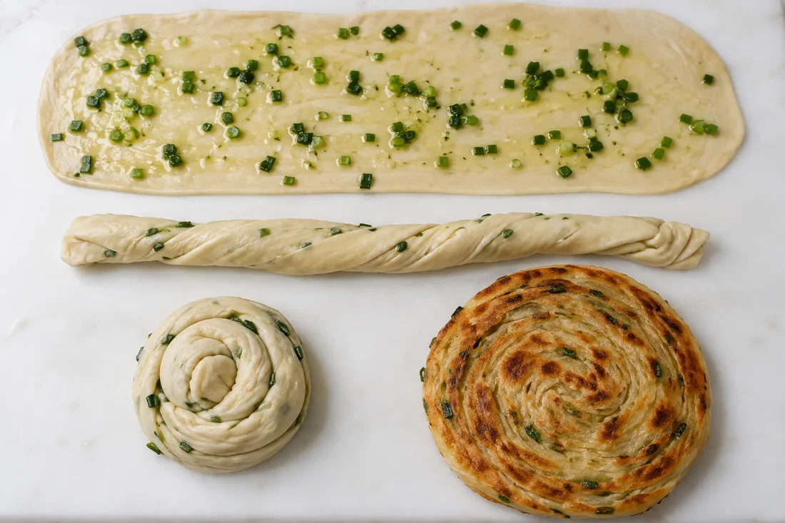 Scallion pancake dough sheet, rolled rope, coil and cooked round shown as distinct stages