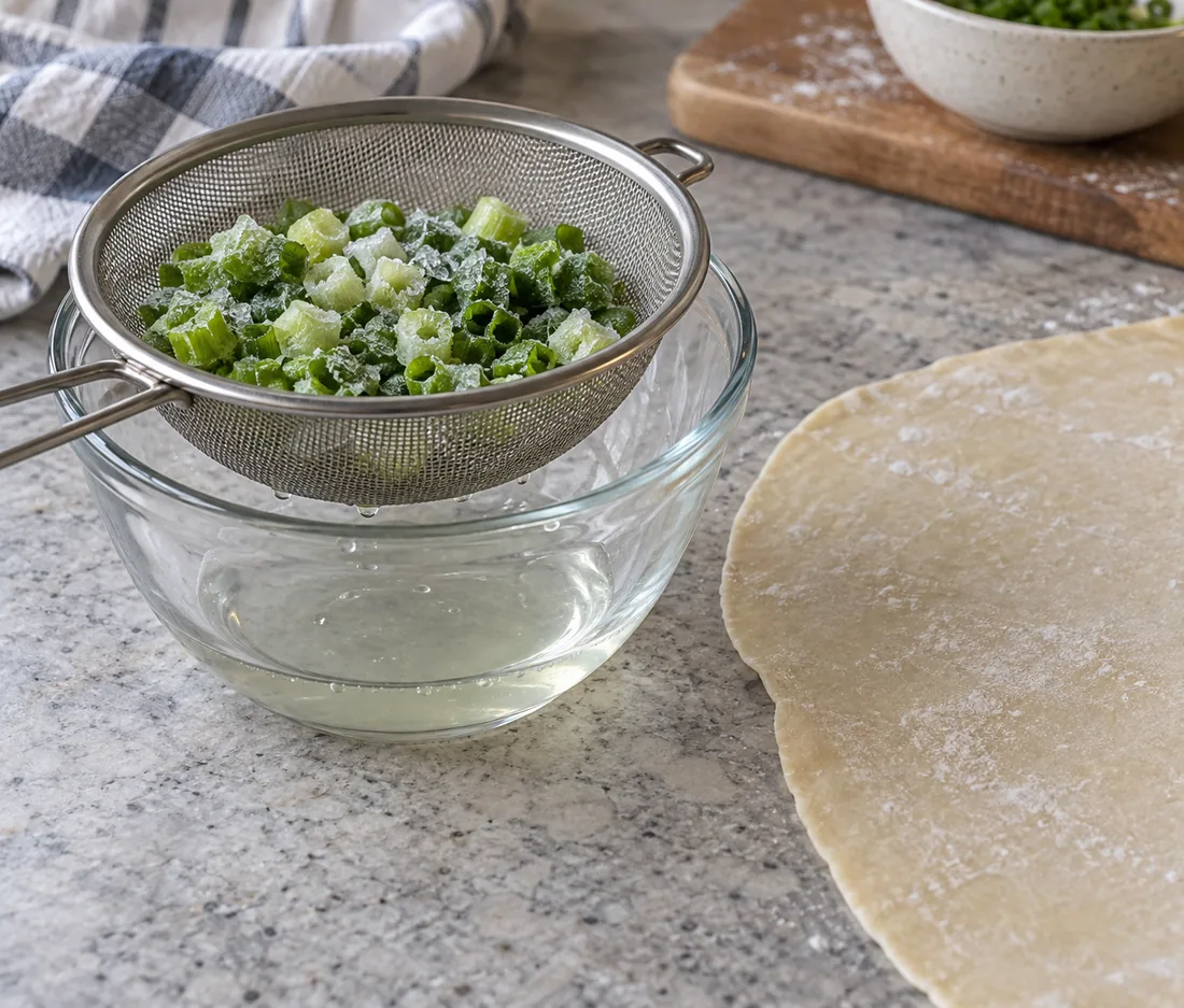 Tempered chopped spring onion draining into a clear bowl beside dough