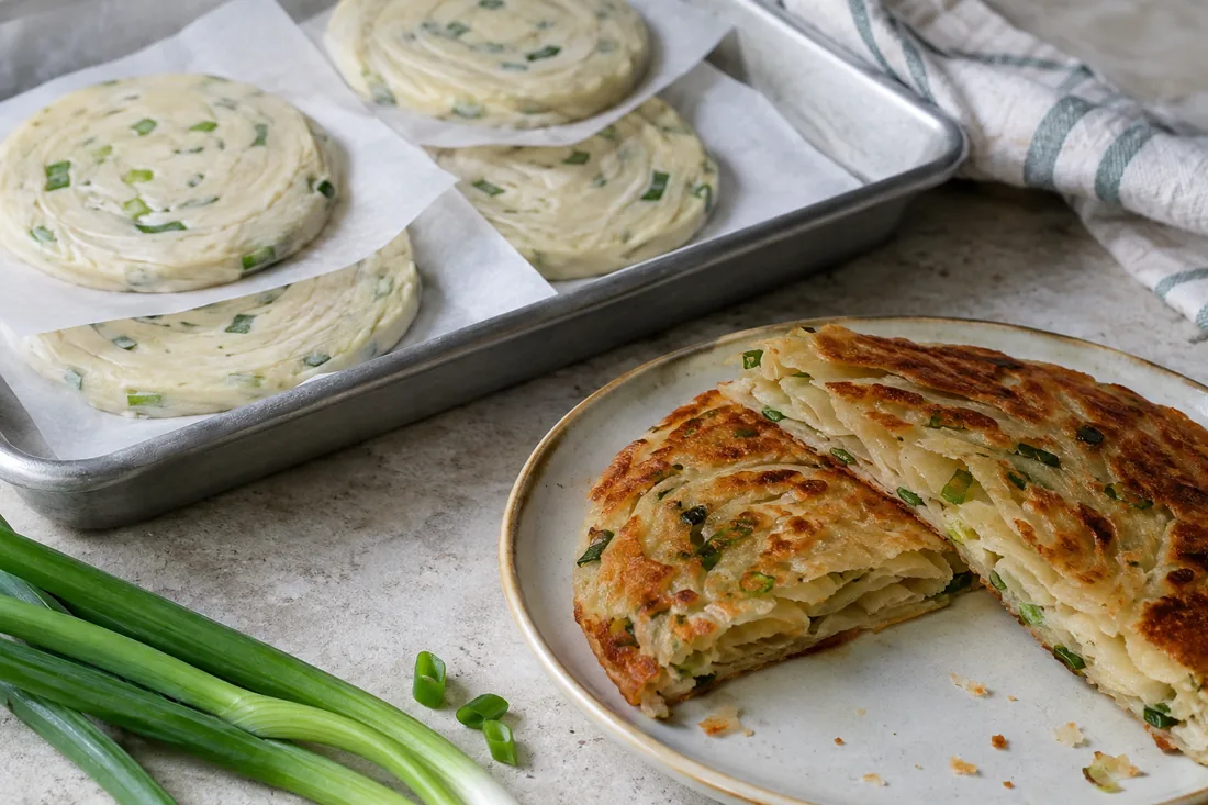 Uncooked scallion pancake rounds on separators beside a cooked flaky wedge